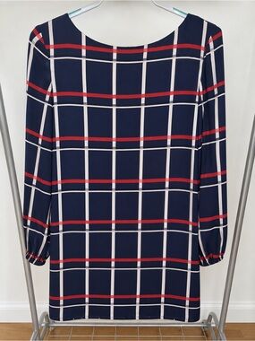 Banana Republic Navy Plaid Long-Sleeve Shift Dress - Navy, Red & White